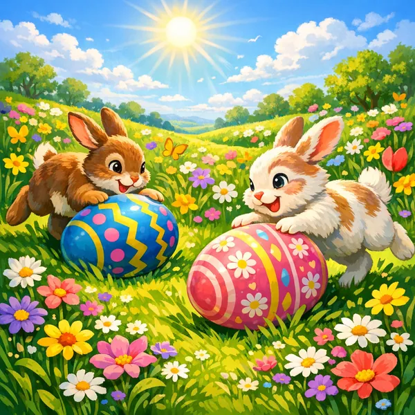 Enjoy an online jigsaw puzzle designed for browser play, featuring a cheerful springtime scene of playful bunnies and colorful Easter eggs.