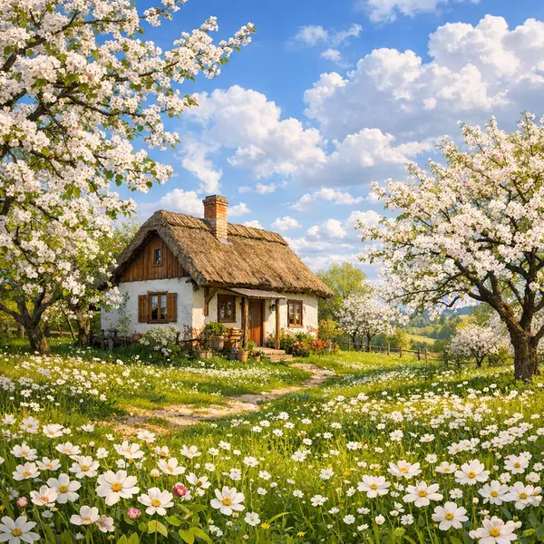 Enjoy an online jigsaw puzzle designed for browser play, featuring a charming countryside cottage nestled among spring blossoms and wildflowers.