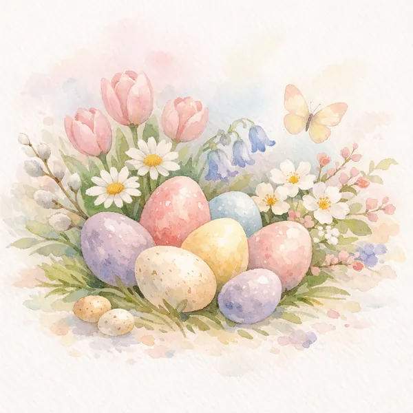 Enjoy an online jigsaw puzzle designed for browser play, featuring a gentle springtime scene of pastel Easter eggs and blooming flowers.