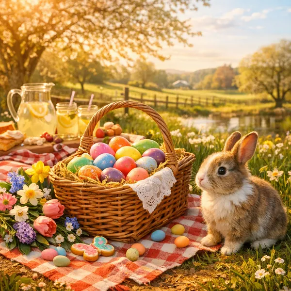 Enjoy an online jigsaw puzzle designed for browser play, featuring a cozy springtime picnic scene that blends animals and seasonal treats.