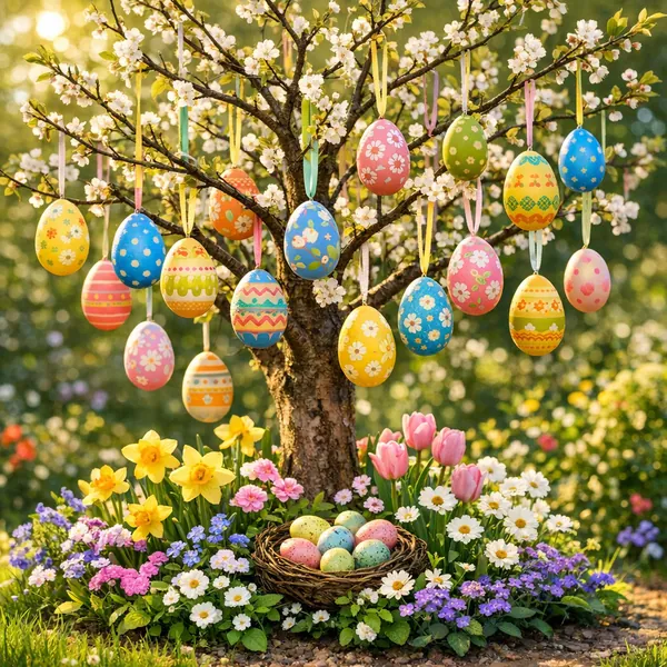 Enjoy an online jigsaw puzzle designed for browser play, featuring a cheerful springtime Easter scene set among blooming flowers and a small blossoming tree.