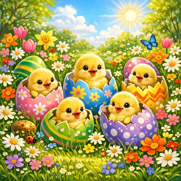 Play an online jigsaw puzzle in your browser that shows a cheerful spring scene of fluffy baby chicks nestled in colorful, patterned eggs amid a blooming flower