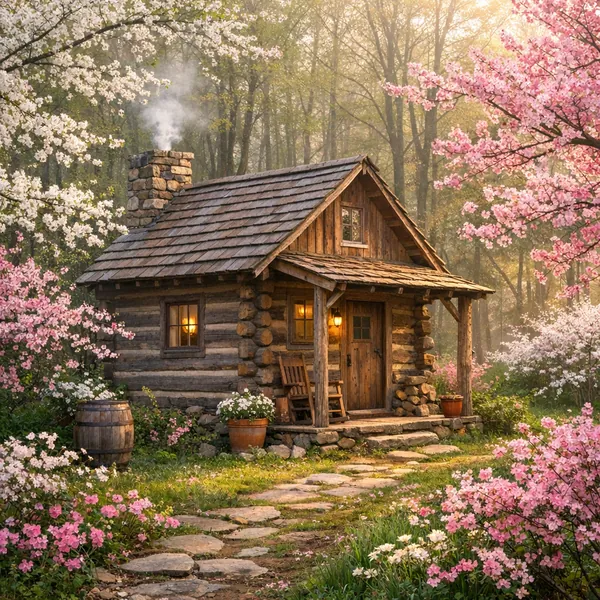 Enjoy an online jigsaw puzzle designed for browser play, featuring a charming log cabin surrounded by spring blooms and gentle woodland scenery.