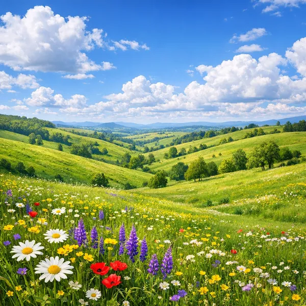 Enjoy an online jigsaw puzzle designed for browser play, featuring a vibrant nature scene of rolling green hills and a wildflower meadow.