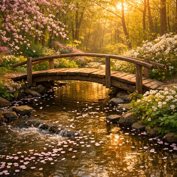 Enjoy an online jigsaw puzzle designed for browser play, featuring a tranquil nature scene of a rustic wooden bridge arching over a gently flowing stream in a f
