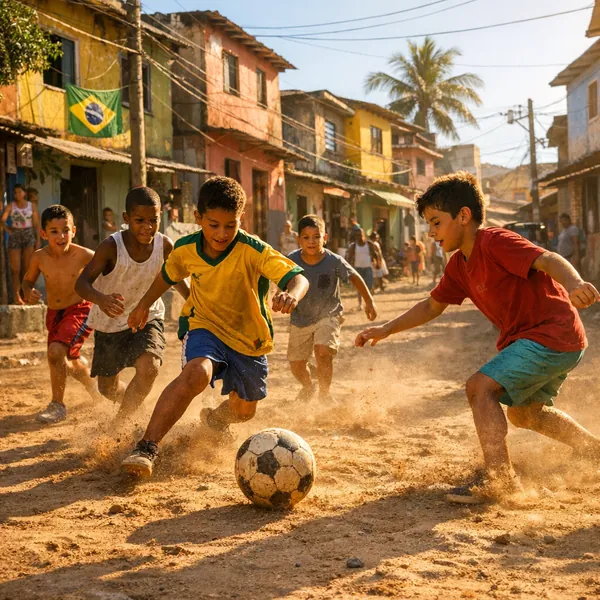 Play an online jigsaw puzzle in your browser that shows a lively street soccer scene full of youthful energy and neighborhood charm, centered on kids chasing a