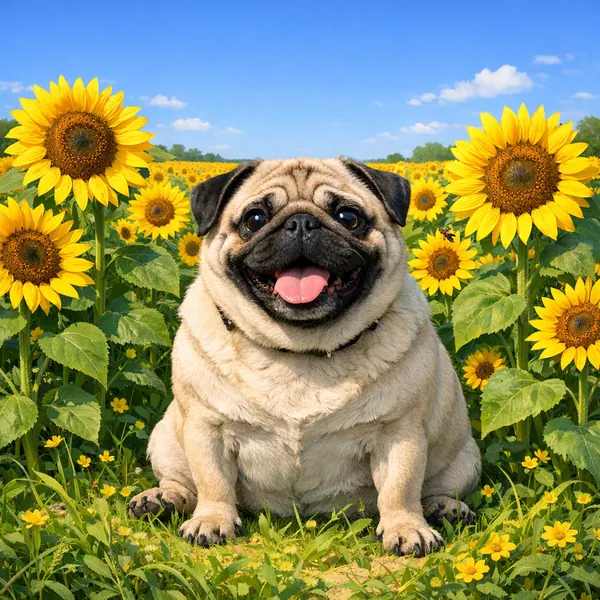 This online jigsaw puzzle features a cheerful pug sitting in a bright sunflower field, perfect for a browser-friendly moment of fun focused on animals and natur