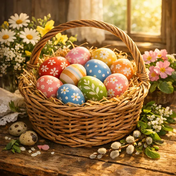 Enjoy an online jigsaw puzzle designed for browser play, featuring a charming springtime still life of Easter eggs and flowers.