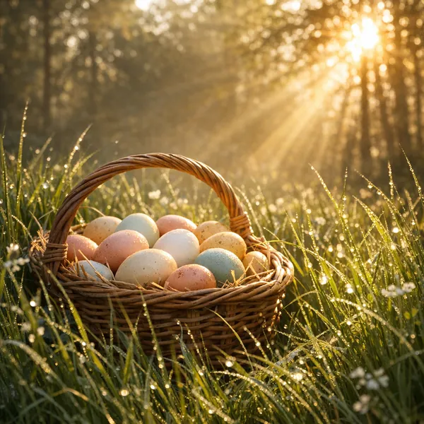 Enjoy an online jigsaw puzzle designed for browser play, featuring a rustic basket of pastel eggs set in a dewy spring meadow.