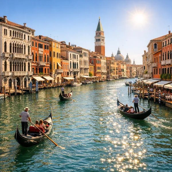 Enjoy an online jigsaw puzzle designed for browser play, featuring a sunlit Venetian canal scene that blends city and travel themes.