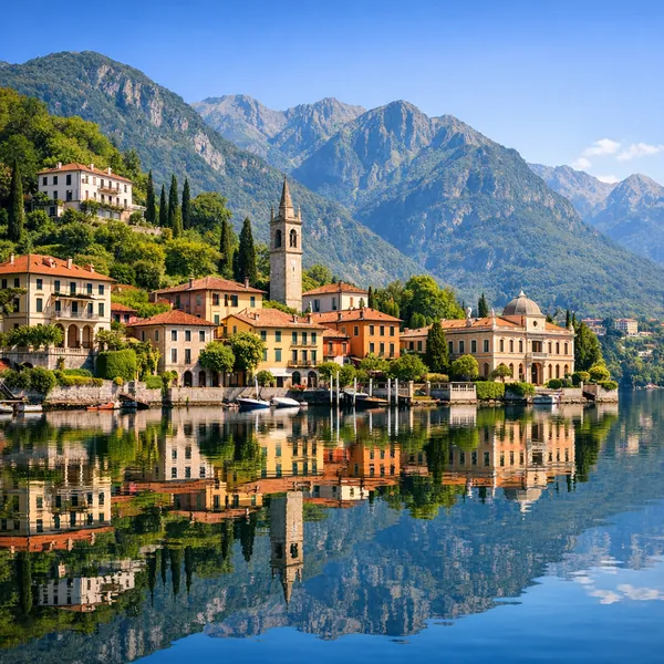 This online jigsaw puzzle features a sunlit lakeside village tucked beneath towering mountain peaks, blending elements of nature and charming architecture for a
