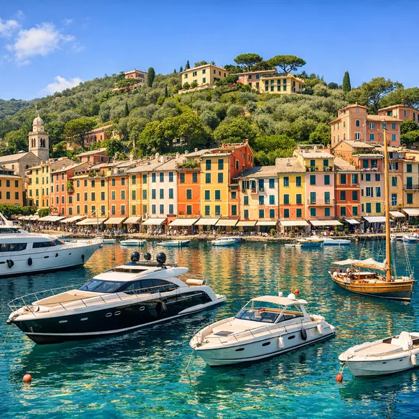 Enjoy an online jigsaw puzzle designed for browser play, featuring a sunlit Mediterranean harbor with colorful waterfront buildings and boats bobbing on clear t