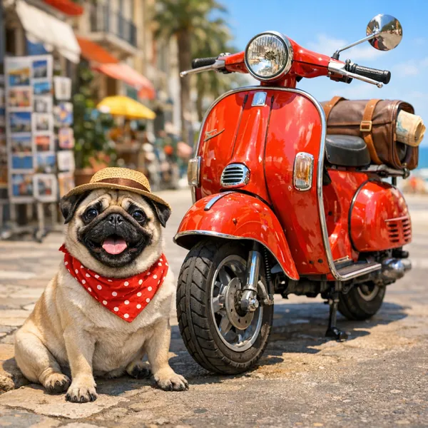 Play an online jigsaw puzzle in your browser that shows a cheerful city scene with a cute pug and a vintage red scooter — a playful mix of animals and travel vi
