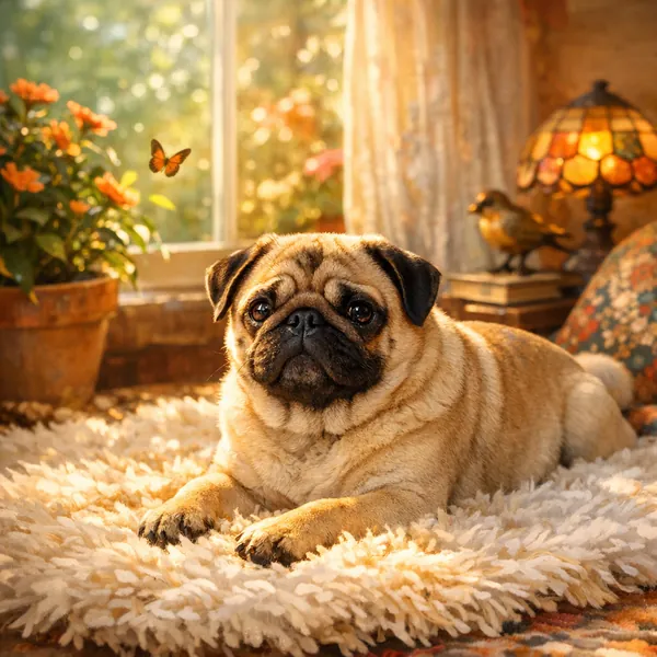 This online jigsaw puzzle features a cozy pet scene you can play right in your browser, centered on a sweet pug lounging indoors.