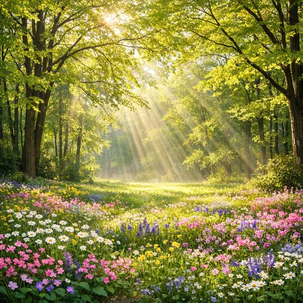 Enjoy an online jigsaw puzzle designed for browser play, featuring a sunlit woodland meadow bursting with colorful wildflowers and leafy trees.