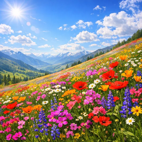 Play an online jigsaw puzzle in your browser that shows a vibrant wildflower meadow spilling down a sunlit hillside — a beautiful nature scene full of color and