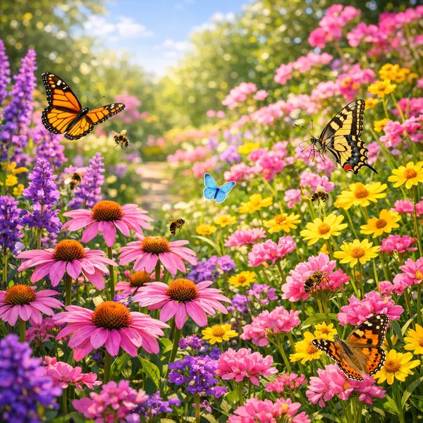 This online jigsaw puzzle features a sunlit wildflower meadow alive with butterflies and bees, perfect for nature lovers to enjoy in the browser.