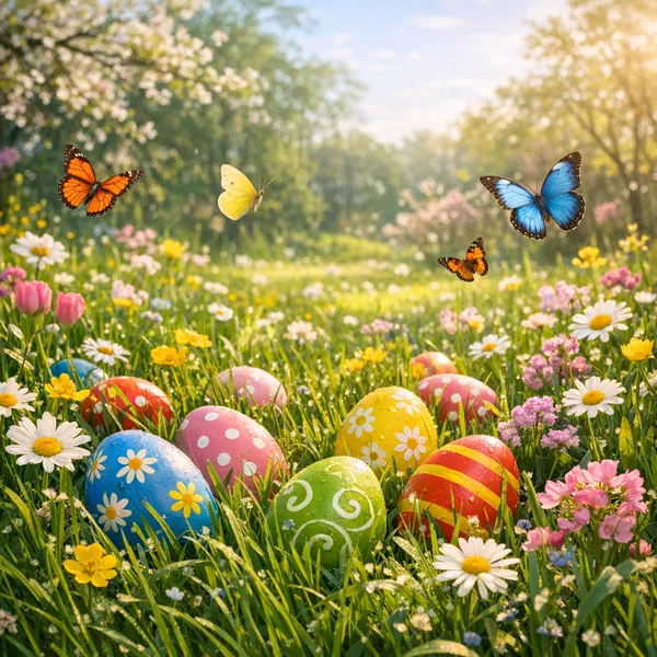 Enjoy an online jigsaw puzzle designed for browser play, featuring a bright spring nature scene filled with colorful Easter eggs.