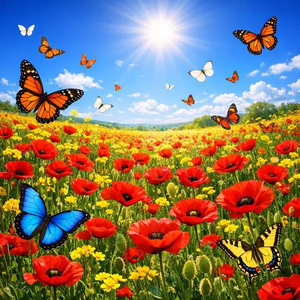 Enjoy an online jigsaw puzzle designed for browser play, featuring a bright nature scene of wildflowers and butterflies dancing under a sunny sky.