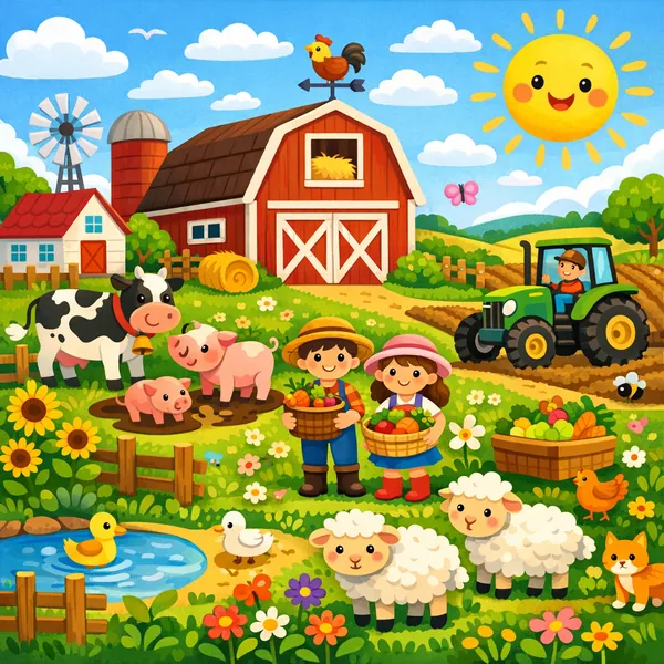 Play an online jigsaw puzzle in your browser that shows a cheerful farm scene filled with animals and bright countryside charm.