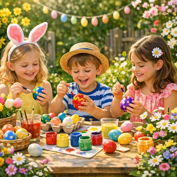 This online jigsaw puzzle features a cheerful spring scene of children painting colorful Easter eggs, perfect for a cozy, family-friendly theme.