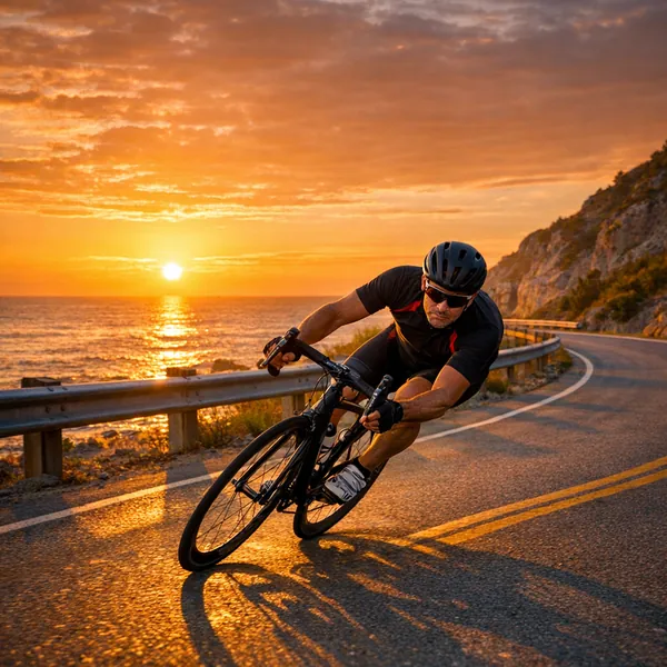 Enjoy an online jigsaw puzzle designed for browser play, featuring an active coastal cycling scene at sunset that blends sport and landscape.