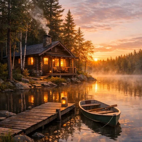 Enjoy an online jigsaw puzzle designed for browser play, featuring a peaceful lakeside cabin at sunset and the surrounding nature.