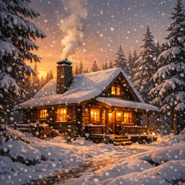 This online jigsaw puzzle features a cozy winter cabin scene set in a snowy forest, perfect for lovers of nature and seasonal charm.
