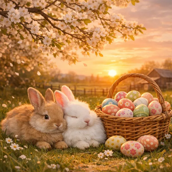 Enjoy an online jigsaw puzzle designed for browser play, featuring sweet bunnies and a basket of colorful Easter eggs set in a springtime meadow.
