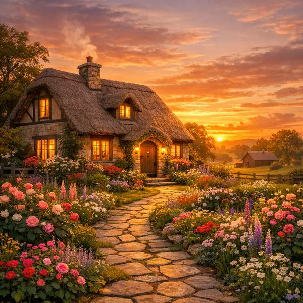 Enjoy an online jigsaw puzzle designed for browser play, featuring a charming countryside cottage surrounded by blooming gardens.