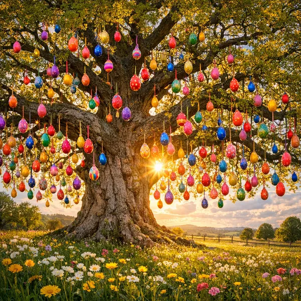 Enjoy an online jigsaw puzzle designed for browser play, featuring a magical nature scene of a grand oak tree draped in colorful hanging eggs.