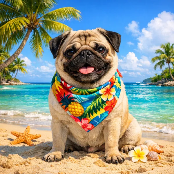 Enjoy an online jigsaw puzzle designed for browser play, featuring a cheerful pug posing on a sunny tropical beach a perfect blend of animals and seaside scener