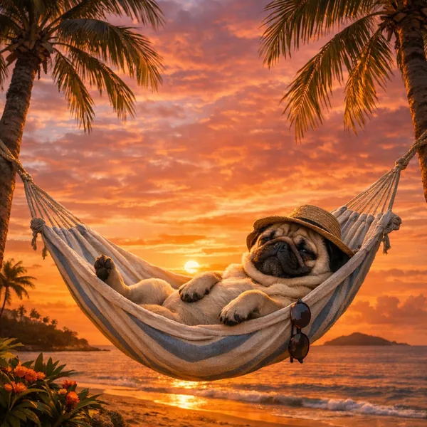 This online jigsaw puzzle features a cozy beach scene centered on a relaxed dog, blending animal charm with a tropical sunset setting you can enjoy in your brow