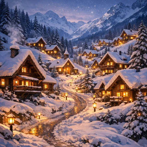Enjoy an online jigsaw puzzle designed for browser play, featuring a cozy snowy village set in a peaceful mountain landscape.