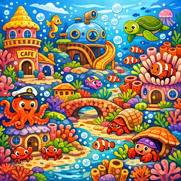 Enjoy an online jigsaw puzzle designed for browser play, featuring a whimsical underwater scene full of playful sea animals and bright coral homes.