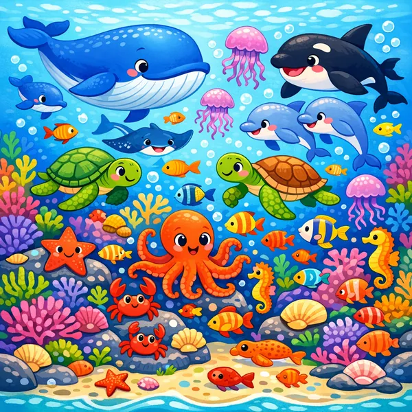 Enjoy an online jigsaw puzzle designed for browser play, featuring a cheerful underwater world teeming with friendly sea creatures.