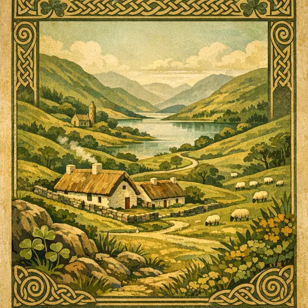 This online jigsaw puzzle features a cozy countryside landscape with rolling hills, stone cottages, grazing sheep, and a serene mountain lake—perfect for nature