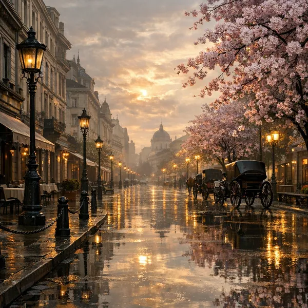 Enjoy an online jigsaw puzzle designed for browser play, featuring a romantic city street at dusk where vintage carriages and blossoming trees meet warm lamplig