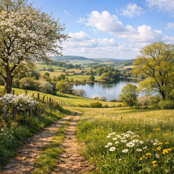Enjoy an online jigsaw puzzle designed for browser play, featuring a sunlit countryside landscape full of spring blooms and rolling hills.