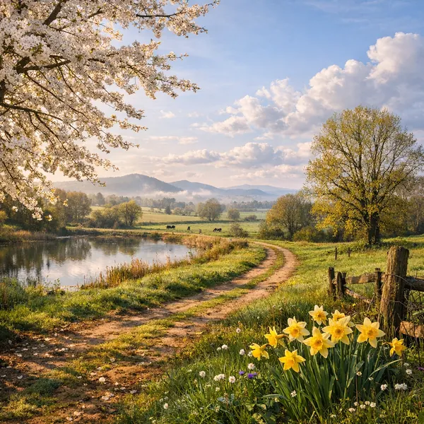 Enjoy an online jigsaw puzzle designed for browser play, featuring a tranquil spring countryside landscape full of nature and pastoral charm.