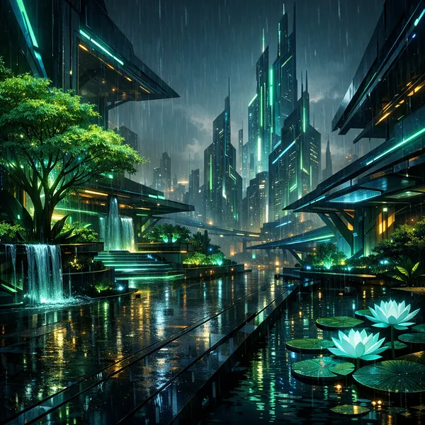 Here’s an online jigsaw puzzle you can play in your browser, featuring a rain-soaked futuristic cityscape where neon architecture meets lush greenery.
