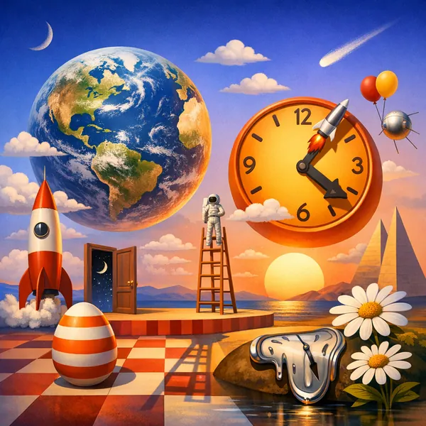 Enjoy an online jigsaw puzzle designed for browser play, featuring a whimsical blend of space and surreal art.