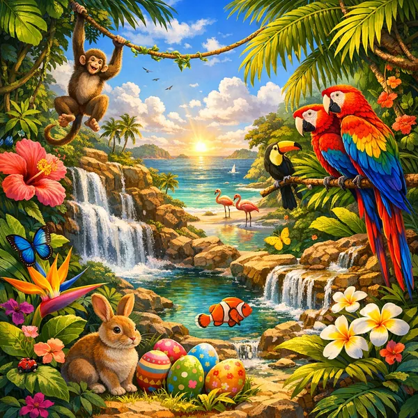Enjoy an online jigsaw puzzle designed for browser play, featuring a vibrant tropical nature scene full of animals.
