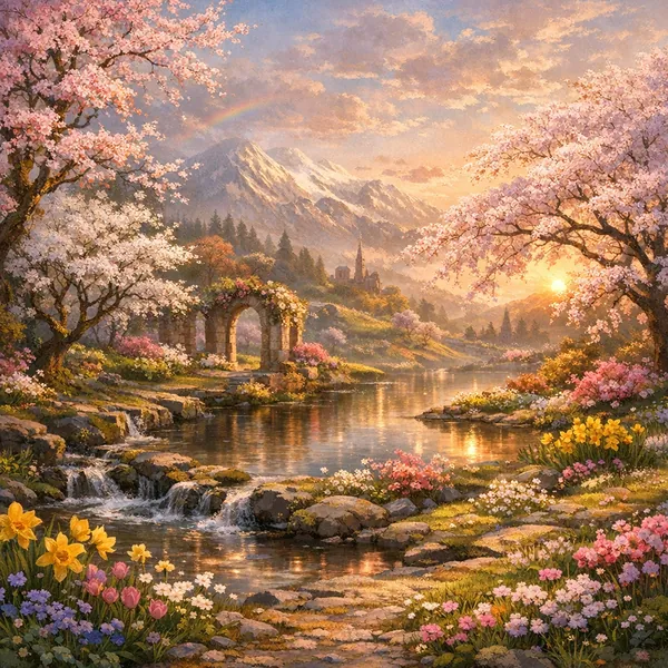 Enjoy an online jigsaw puzzle designed for browser play, featuring a dreamy spring landscape full of nature and floral beauty.