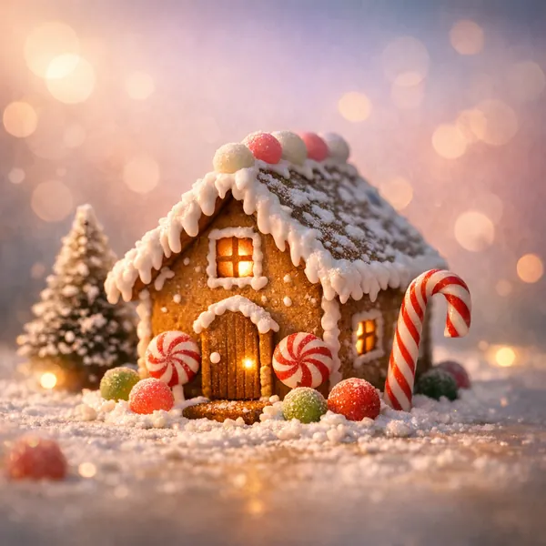 Enjoy an online jigsaw puzzle designed for browser play, featuring a cozy gingerbread house surrounded by candy and powdered snow a sweet food-and-holiday scene