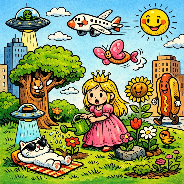Enjoy an online jigsaw puzzle designed for browser play, featuring a whimsical, cartoon-style park scene where nature, city life, and playful food and animal ch