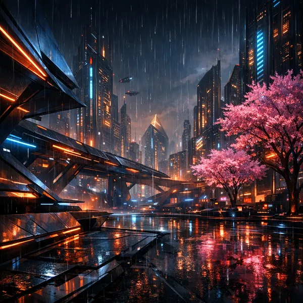 Enjoy an online jigsaw puzzle designed for browser play, featuring a neon-lit futuristic cityscape that blends cyberpunk architecture with natural accents.