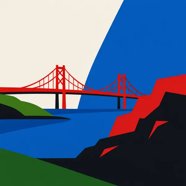 This online jigsaw puzzle features a stylized cityscape with a striking red suspension bridge spanning a deep blue bay, perfect for browser play.