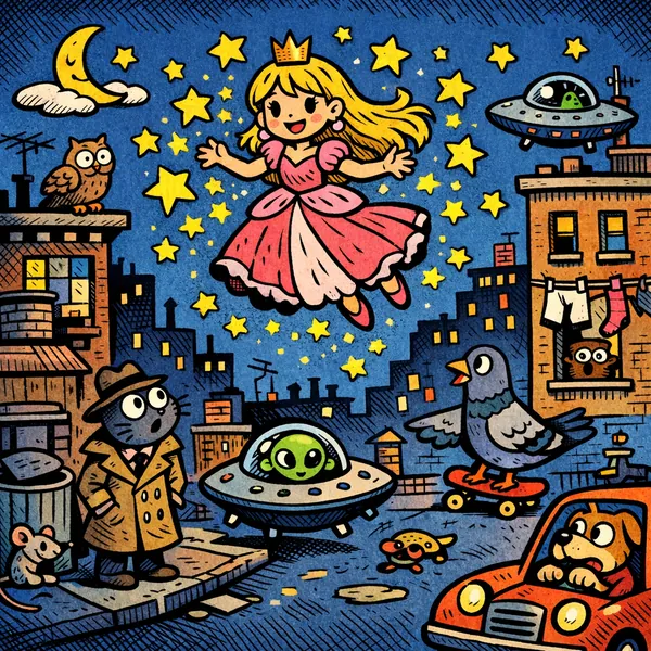 This online jigsaw puzzle features a whimsical nighttime city scene filled with playful characters and a touch of fantasy, perfect for lovers of artful, family-