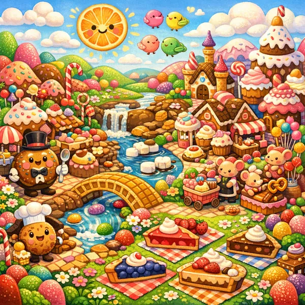 Enjoy an online jigsaw puzzle designed for browser play, featuring a whimsical candy-and-bakery village full of sweets and friendly characters.